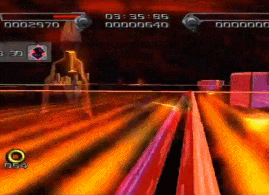 A GIF of Mad Matrix from Shadow the Hedgehog. Shadow is careening through a data rail.